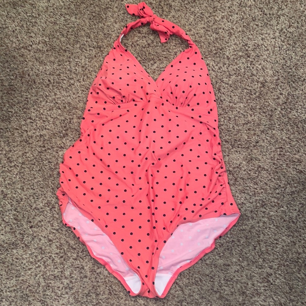 Maternity Pink Polka Dot One Piece Swim Suit Womems L Beach Bump Motherhood